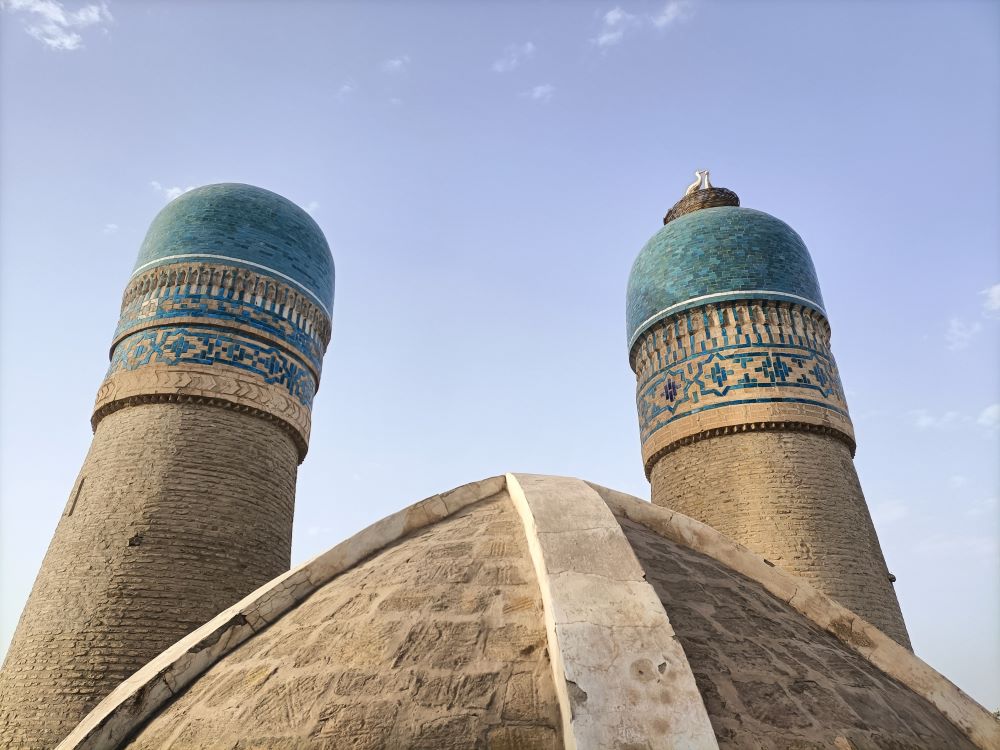 Stork nest and statue in Bukhara